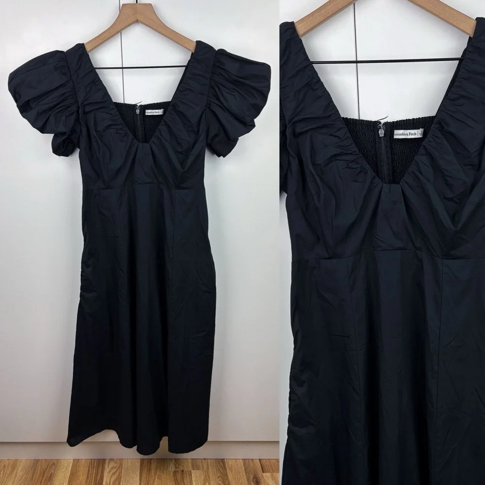 Abercrombie Puff Sleeve Plunge Midi Dress Black V Neck Cotton Blend Poplin Small - Picture 2 of 9